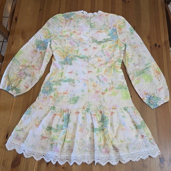 Pastel Floral Eyelet Lace Coquette Cottagecore  Drop Waist Mini Dress Size M? - Picture 2 of 12
